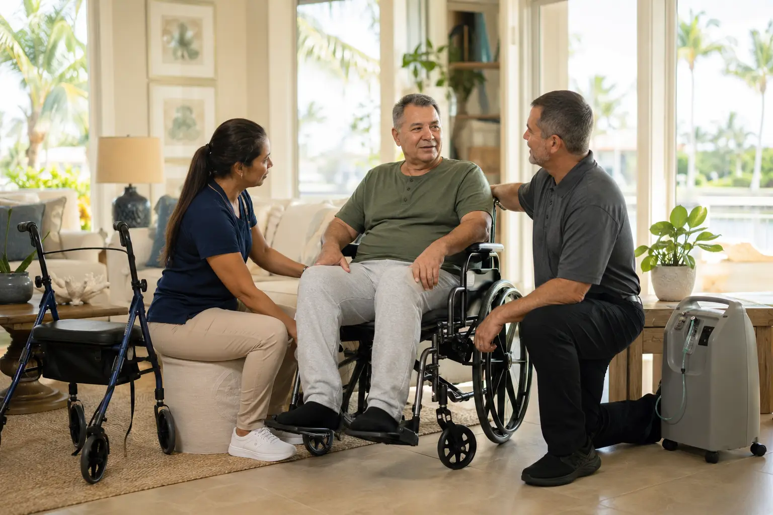 Caregiver and DME professional assisting a wheelchair user with home medical equipment in a South Florida home.