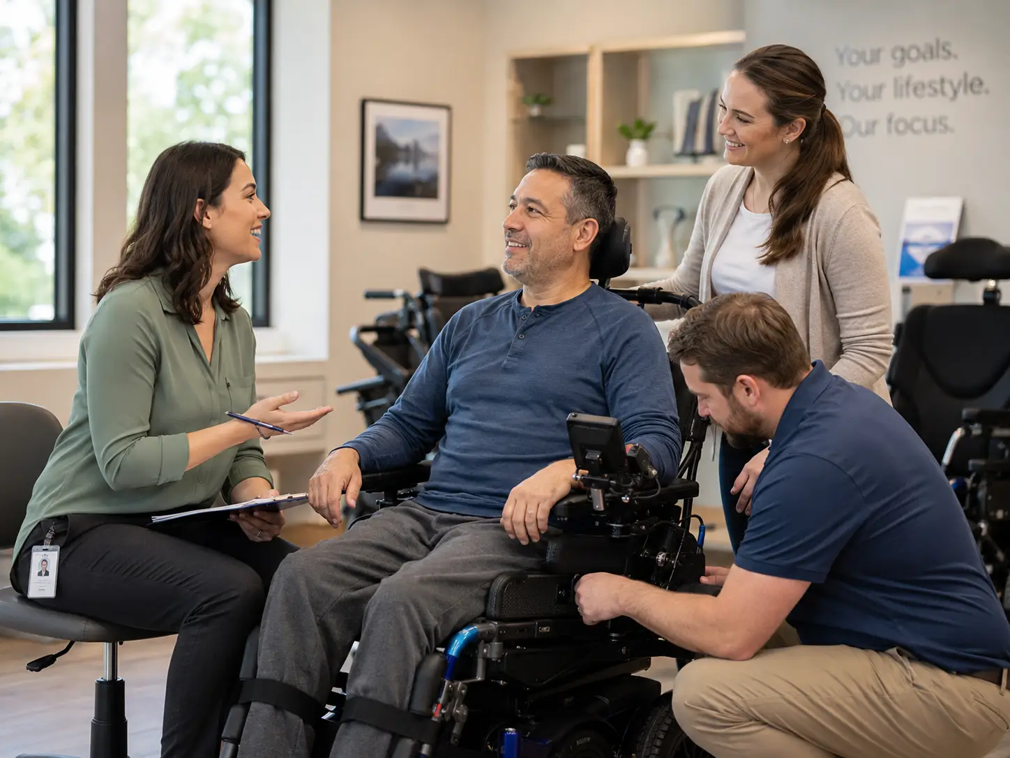 Complex Rehab team consulting with a patient using a customized wheelchair.